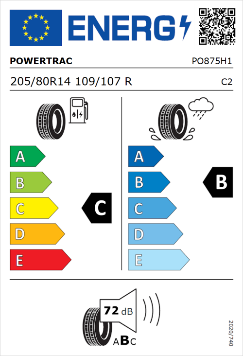 Tyre Label for Powertrac Van Tour 205/80R14 109/107R